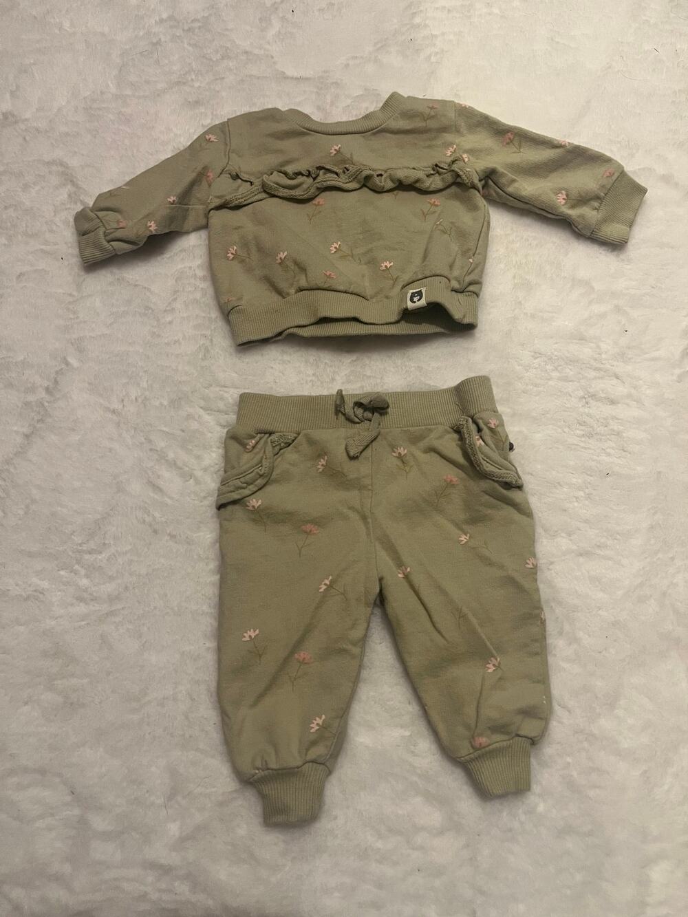 Rabbit Bear Organic Baby 0-3M Sage Floral Organic Cotton Cottagecore 2-Piece Set